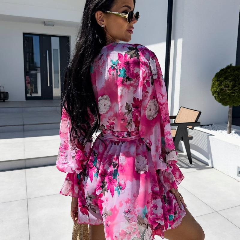 Новые модные винтажные комбинезоны с пышными рукавами и цветочным принтом, женские элегантные облегающие повседневные женские комбинезоны с V-образным вырезом и шнуровкой, летние боди для офисных леди 26160