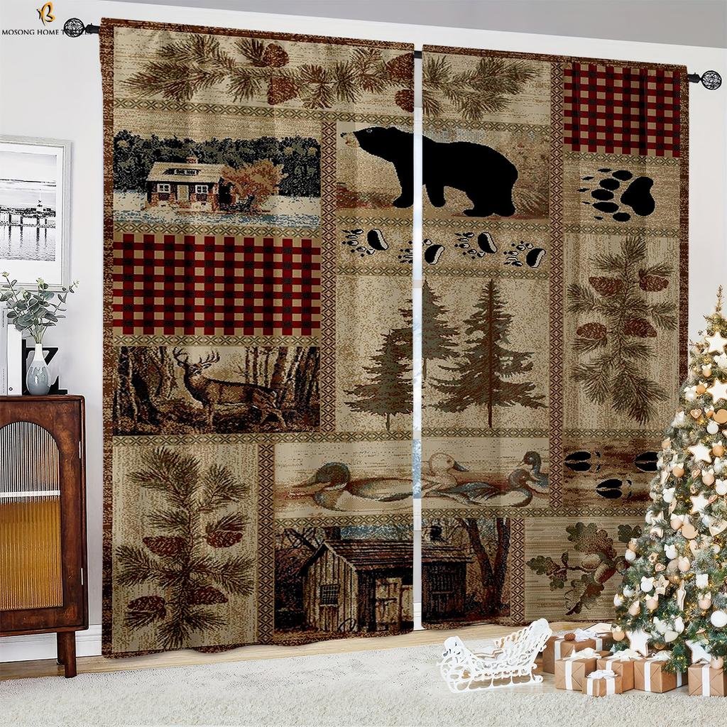 Декоративные занавески в стиле ретро-кантри на Рождество с узором из дерева для спальни, столовой, праздничной вечеринки, 2 шт.