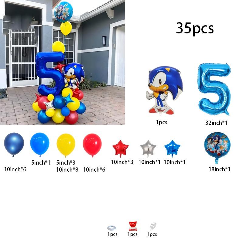 35-Piece Sonic the Hedgehog Cartoon Character Boys’ Balloon Kit – Number Combo Foil Balloons for Birthday Party, Baby Gift