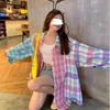 Women's Color Blocked Checkered Shirt Summer New Loose Casual Sunscreen Shirts American High Street Thin Long Sleeve Top