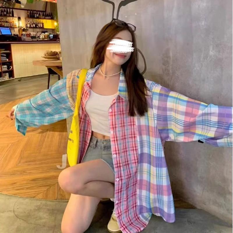 Женская клетчатая рубашка с цветными блоками, летняя новинка, свободная повседневная рубашка с солнцезащитой, американский хай-стрит, тонкий топ с длинным рукавом