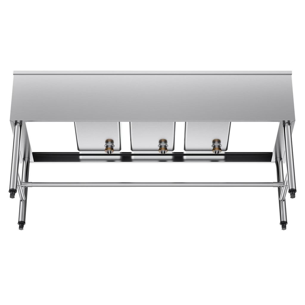 3 Compartment Sink, 18-Gauge 304 Stainless Steel, 254x356x254 mm Bowl Size, 3 Bay Commercial Under Bar Sink with Double Drainboard and Backsplash for