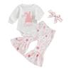 Baby Girls Fall Outfit, Rabbit Print Long Sleeve Romper with Flower Flare Pants and Headband Easter Outfit