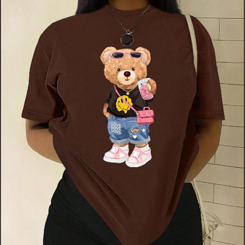 Модная женская футболка с милым мультяшным плюшевым мишкой, забавная повседневная футболка с круглым вырезом и короткими рукавами, летняя женская футболка