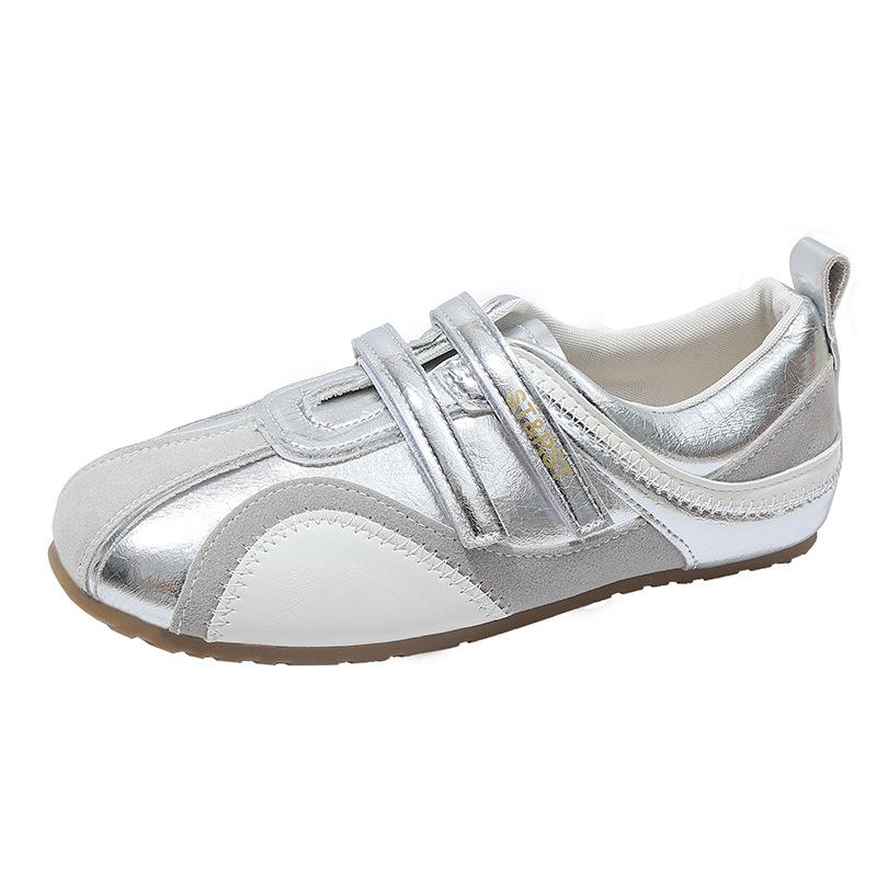 Korean version of genuine leather ballet training shoes for women's 2025 summer new Velcro sports and leisure Mary Jane silver shoes