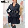 Women's Fashion Spring Autumn Solid Color Print Long Sleeve POLO Neck High Waist Casual Dresses