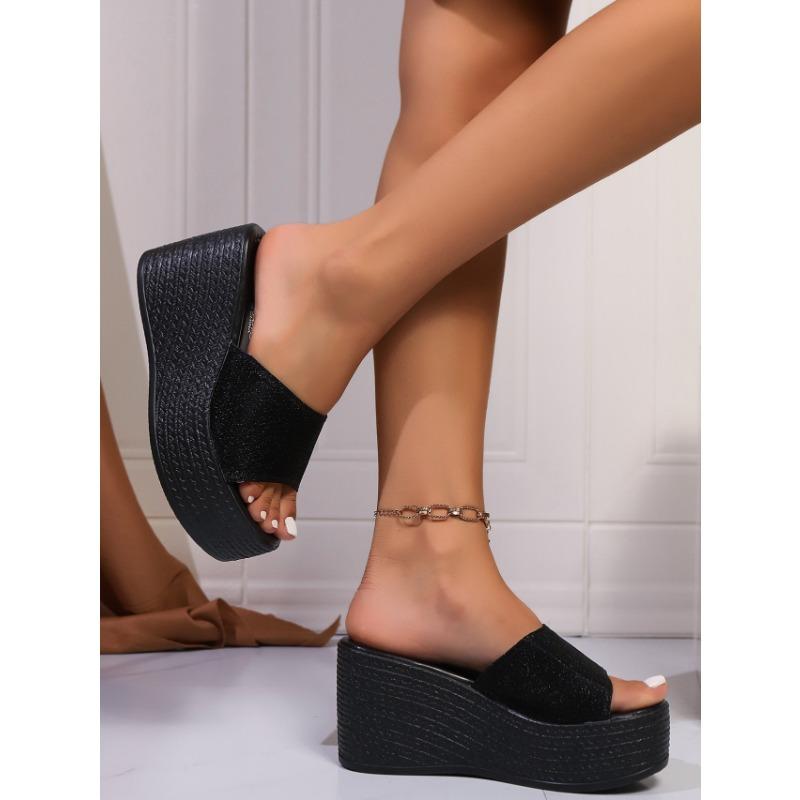 Женская верхняя одежда Шлепанцы на танкетке Женские летние новые шлепанцы на толстой подошве с пайетками Модные повседневные шлепанцы на перемычке