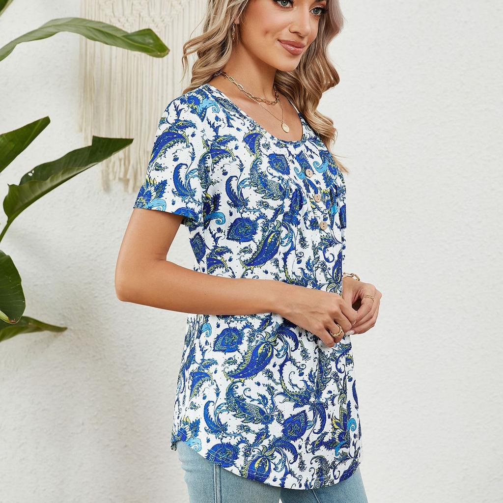 Летняя женская футболка на шнурке и пуговицах, свободный топ с короткими рукавами и принтом «парусник»