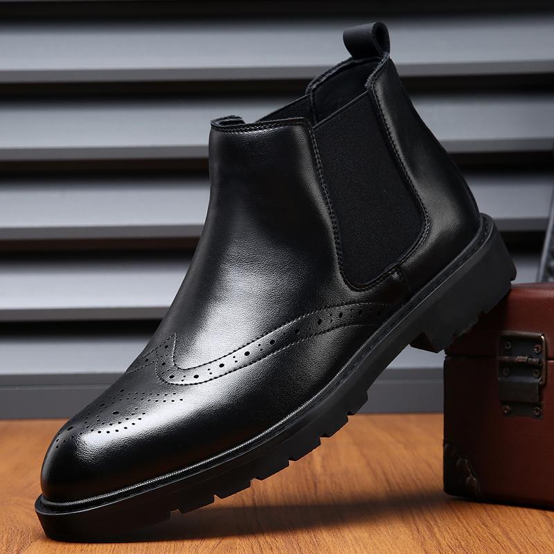 British Style Casual Leather Men's Chelsea Boots New Arrival Man Ankle Boots Comfy Elastic Strap Brogue Shoes Business Footwear