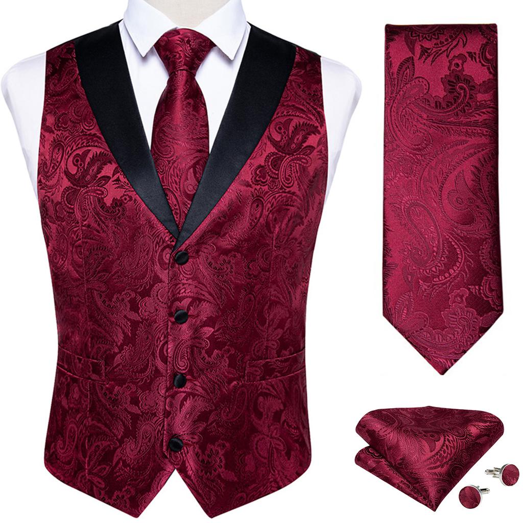 Mens Silk Slim Waistcoat Dark Purple Paisley Wedding Suit Vest Tie Cufflinks Set