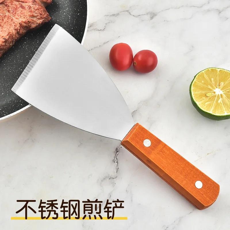 Wooden Handle Pancake Spatula Frying Steak Spatula Barbecue Spatula Stainless Steel Kitchen Baking Cooking Gadget Small