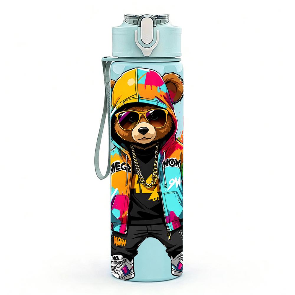 1PC Streetwear Bear Splash Color Figure 750ml Color Plastic Water Bottle Leakproof Flip Straw Lid For Sports Office Home Use