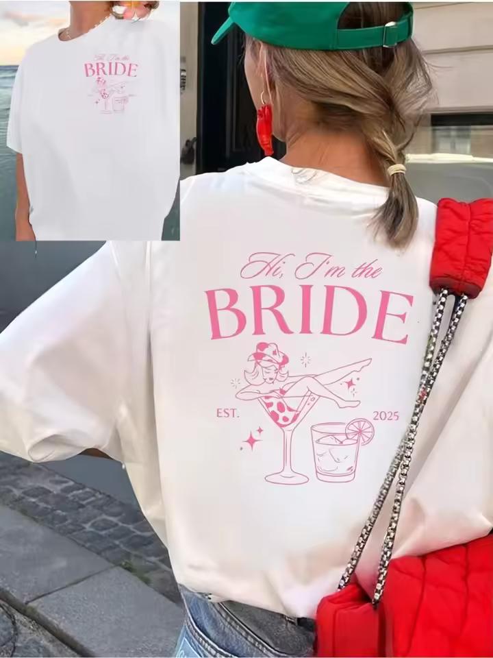 Women's T-shirt Hi I'm The Bride EST 2026 Graphic T-Shirt,Bachelorette Party Cocktail Print Casual Summer Top All-Season Outfits