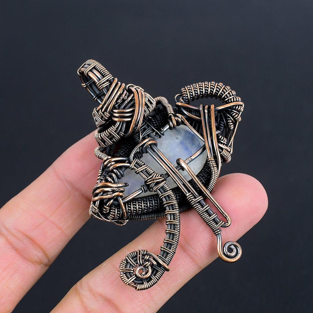 Подвеска из радужного лунного камня, ювелирное изделие из драгоценного камня, подвеска, обернутая медной проволокой 999 пробы, красивая подвеска ручной работы