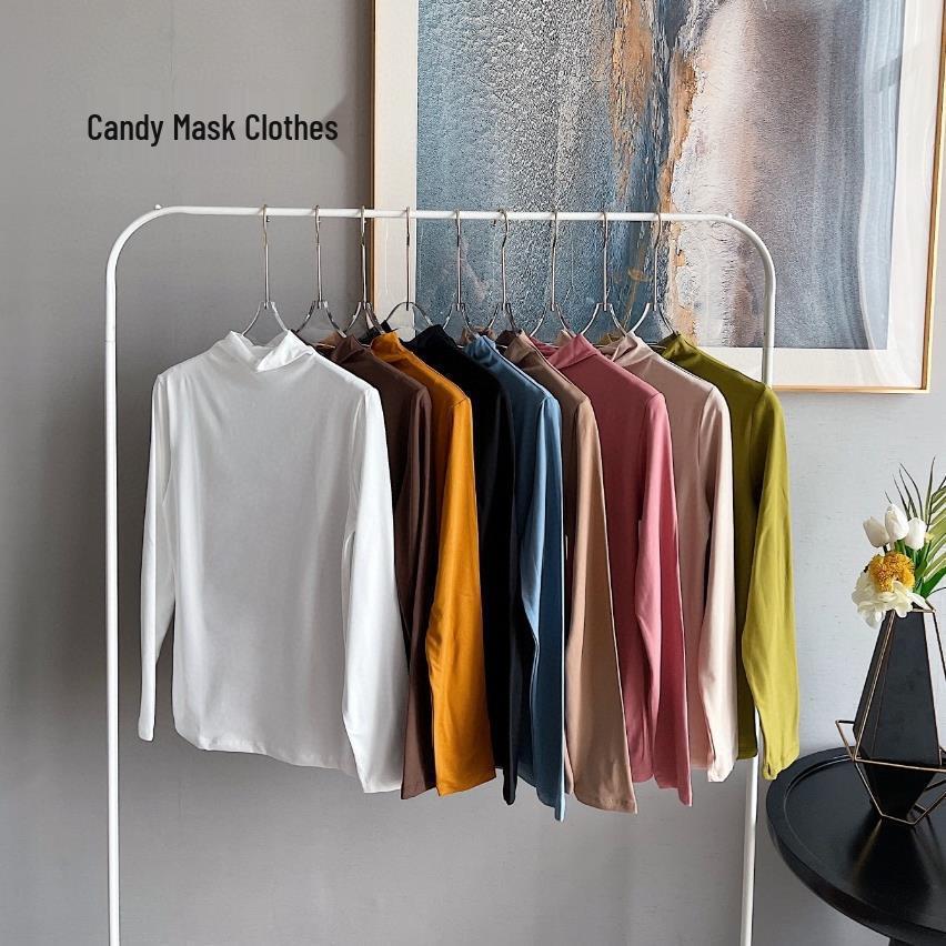 Топ с длинным рукавом на раннюю осень, ощущение обнаженности: Приятный к коже, с высоким воротником, модный девятицветный, японско-корейский тренд, молочный шелк для женщин