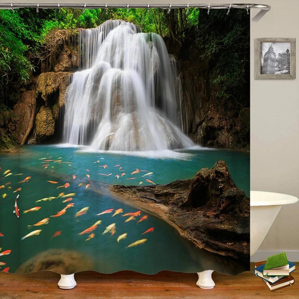 3D Natural Landscape Waterfall Forest Printed Bathroom Shower Curtain Polyester Waterproof Curtain With Hook Home Decor Curtain