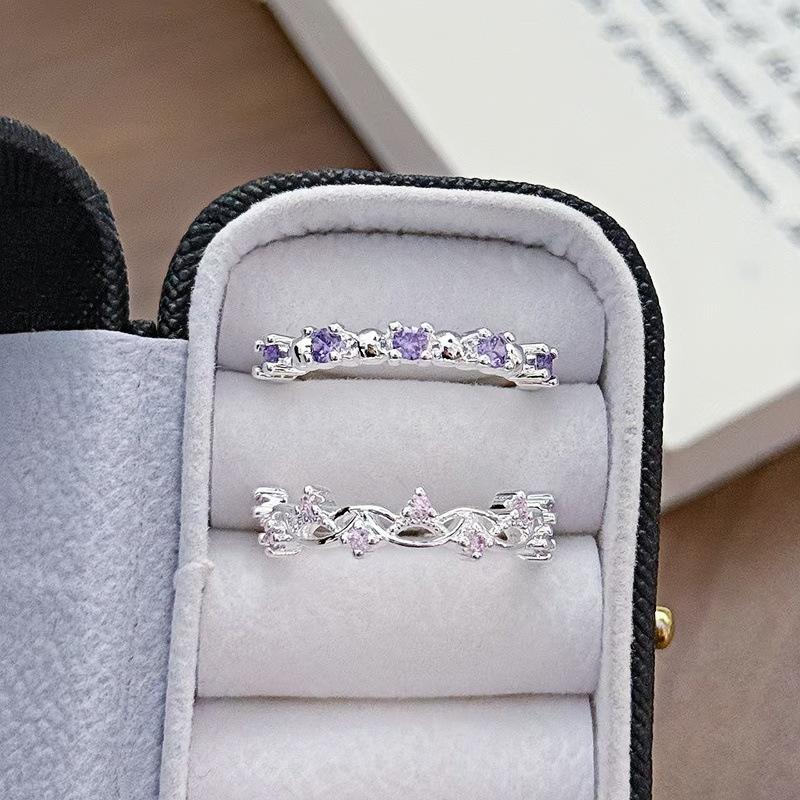 Small Fine Circle Pink Diamond Purple Diamond Zir*****Pen Ring Women'S High Sense Light Luxury Cold Wind Ring Tide