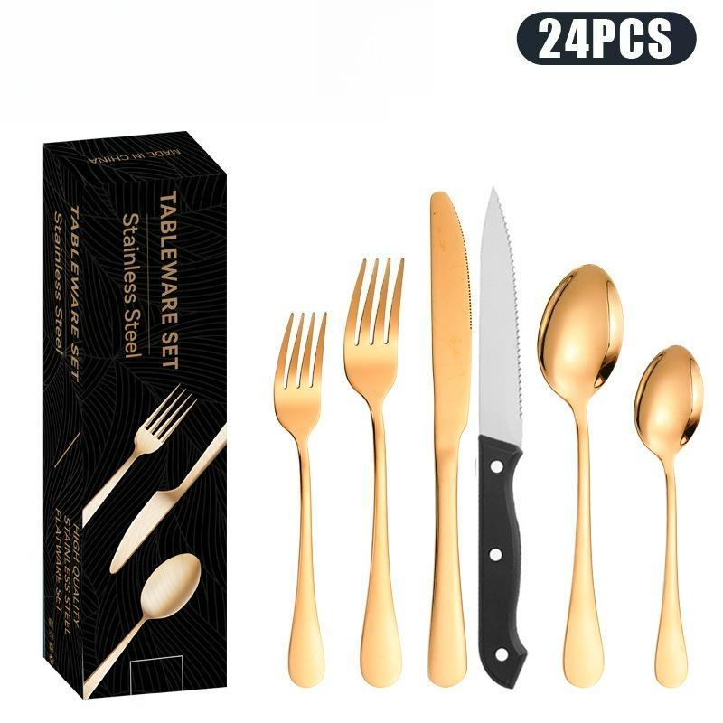 Набор столовых приборов из нержавеющей стали, нож, вилка и ложка, 24 предмета, западный, для стейка, гостиничный, с титановым покрытием, черные нож, вилка и ложка