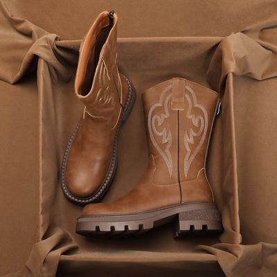 Модные женские туфли до середины голени, коричневые, с круглым носком, кожаные, в стиле ретро, женские полусапоги с вышивкой, большого размера, теплые, качественные, по акции