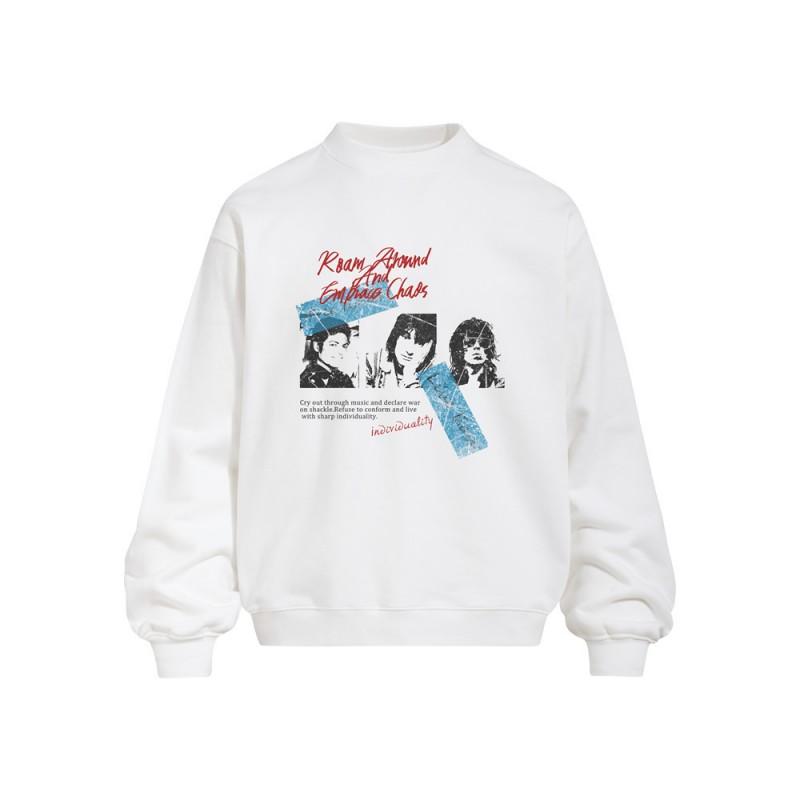 Mens Loose Fit Crewneck Sweatshirt With Vintage Graphic Print Fall Streetwear Casual Top