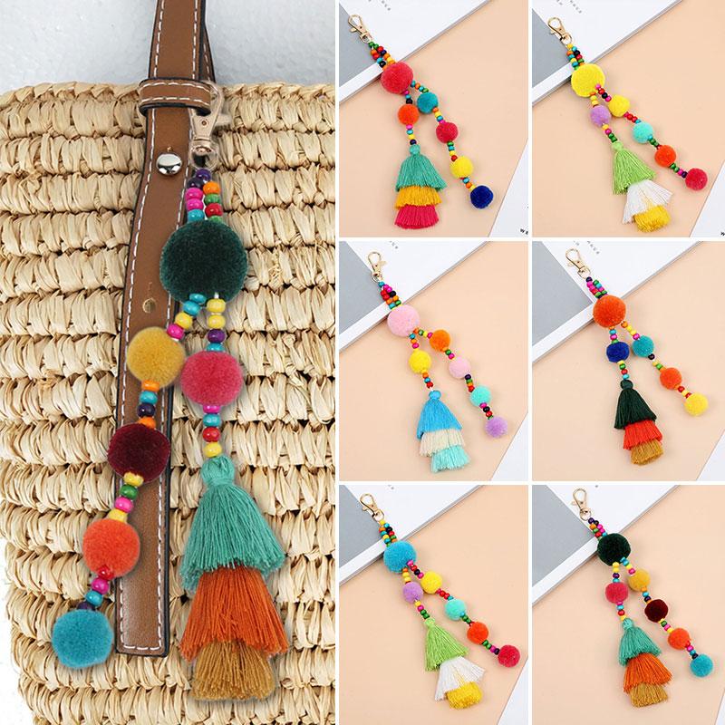 1Pc Keychain Keyring Boho Style Pompom Bag Hanging Colorful Summer Bead Accessories