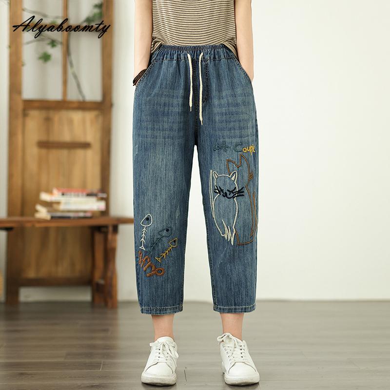 Корейский стиль Летняя женская уличная одежда Джинсовые капри с эластичной талией и завязками Прямые джинсы с вышивкой в виде мультфильмов Элегантные женственные джинсы длиной до щиколотки