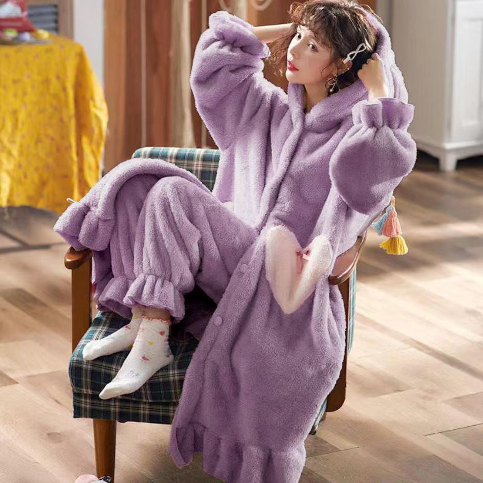 Coral Velvet Nightgown Women's Autumn and Winter Long Thickened Plush Home Clothes Lovely Flannel Pajamas Women's Two-piece Suit