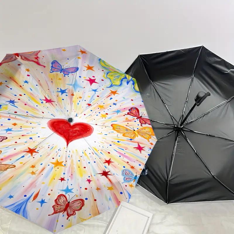 Colorful Butterfly Heart Auto Open Close Umbrella with Foldable Design,,Travelers,Daily Use,Festive Gift (8 Bones Iron Frame)1121071a