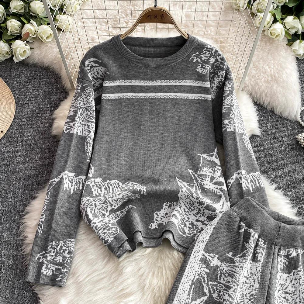 Осенне-зимний элегантный женский комплект одежды для отдыха из 2 предметов, трикотажные брюки, дизайнерский винтажный вязаный свитер с цветочным принтом