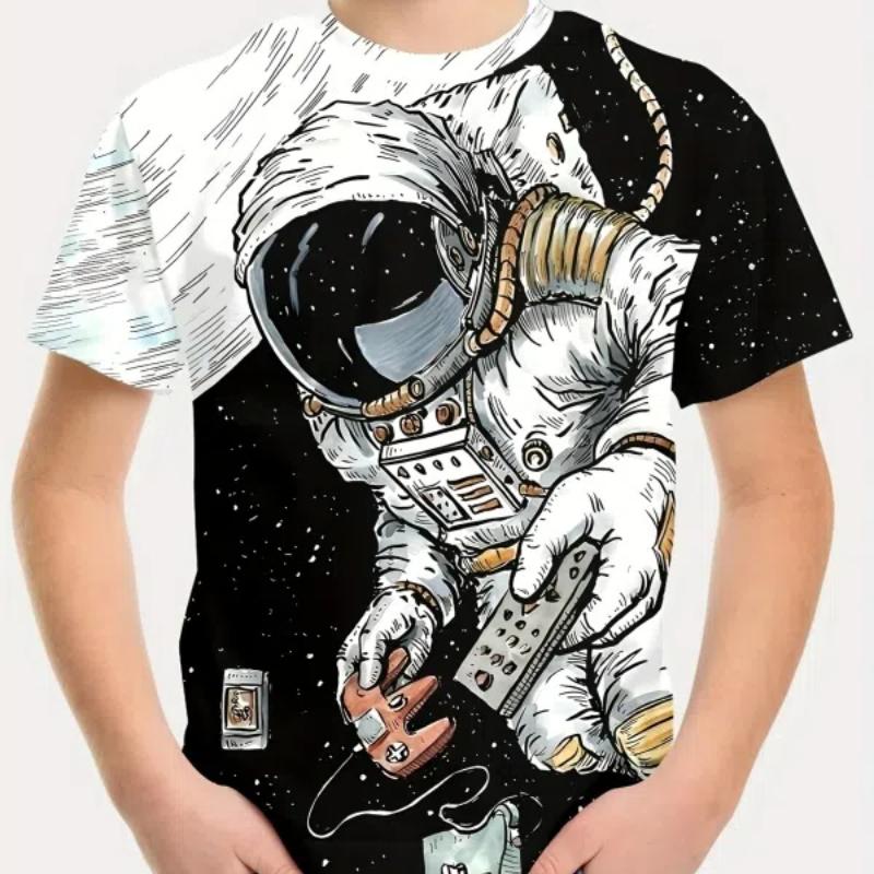 Креативная футболка с принтом астронавта для мальчиков, повседневный легкий и удобный топ с короткими рукавами, летняя детская выходная одежда