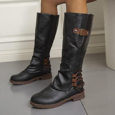 Женские высокие сапоги на квадратном каблуке для верховой езды, кожаные сапоги до середины икры с боковой молнией и пряжкой, обувь больших размеров на осень-зиму