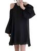 Toa Soa Mini Beautiful Long Chiffon Flare Off-the-Shoulder Dress, Women's, Sleeve, A-Line (02 - L, Black)
