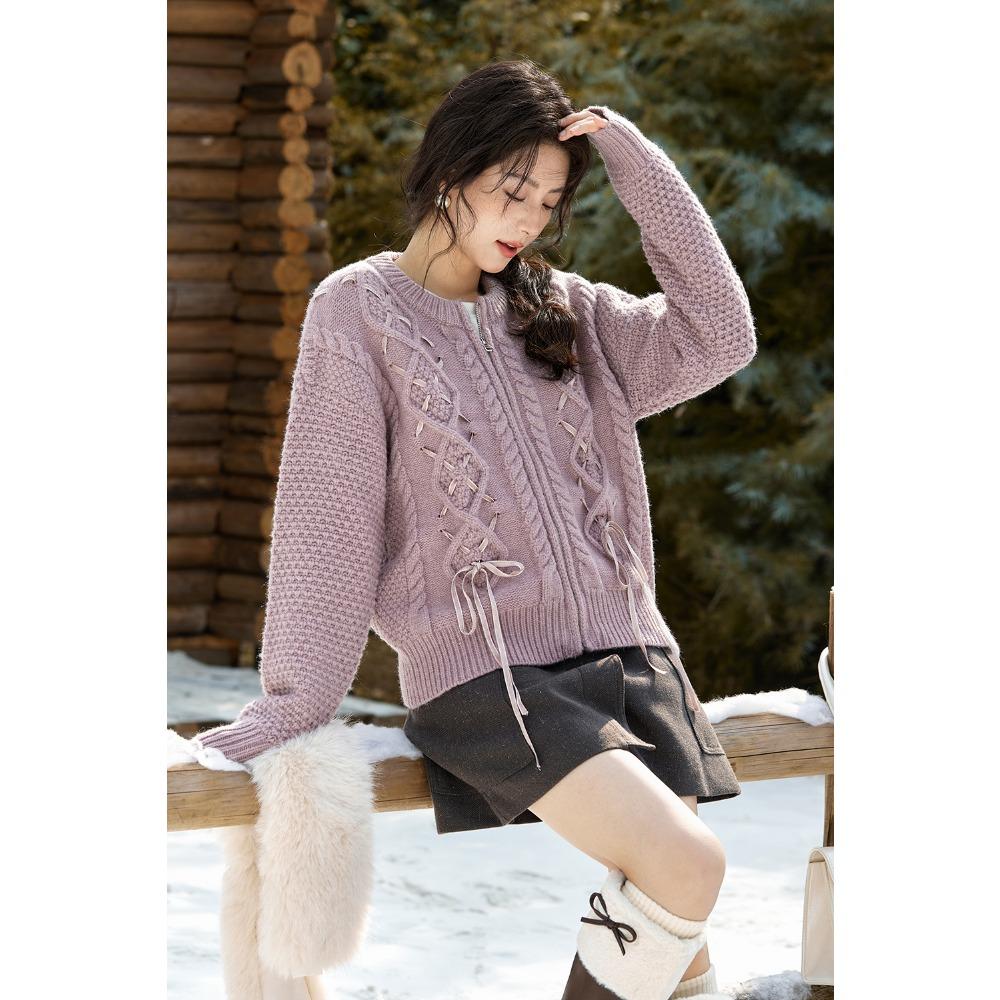 Mishow Вязаный кардиган с бантом из жареного теста, шерстяной свитер, зимний женский, с застежкой-молнией и лентой, теплое пальто Bejirog MXD56Z1002