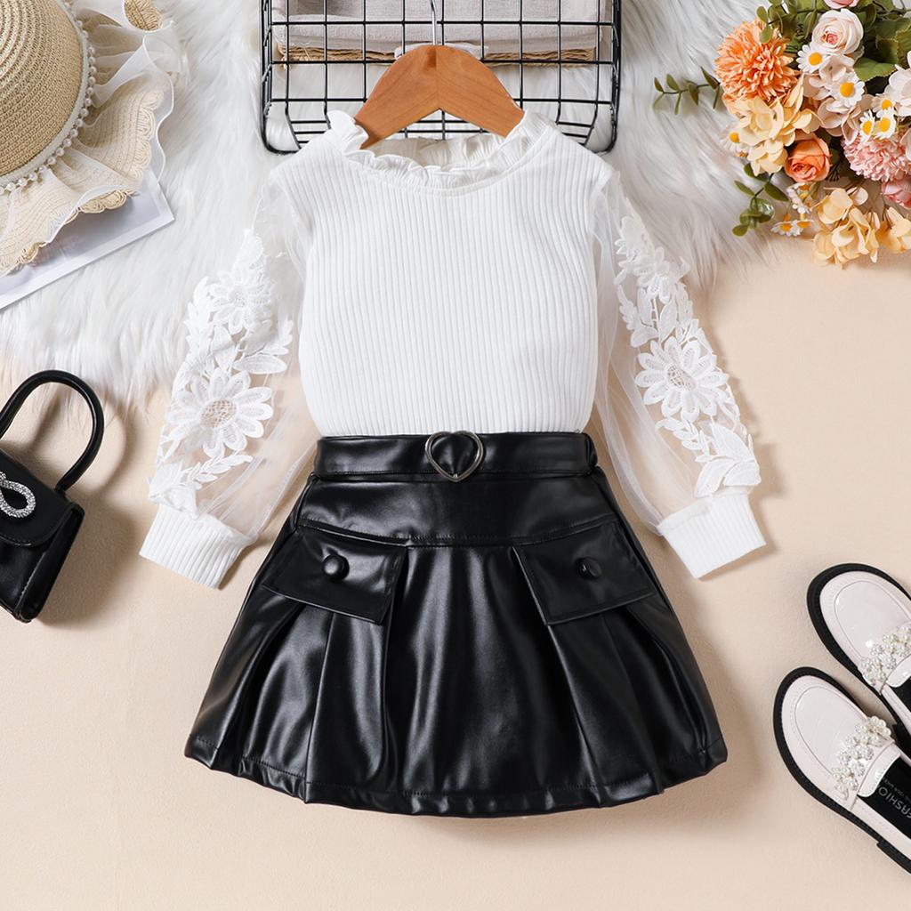 Осенний двухцветный сетчатый топ с длинными рукавами и вышивкой для девочек, юбка из искусственной кожи, детский комплект
