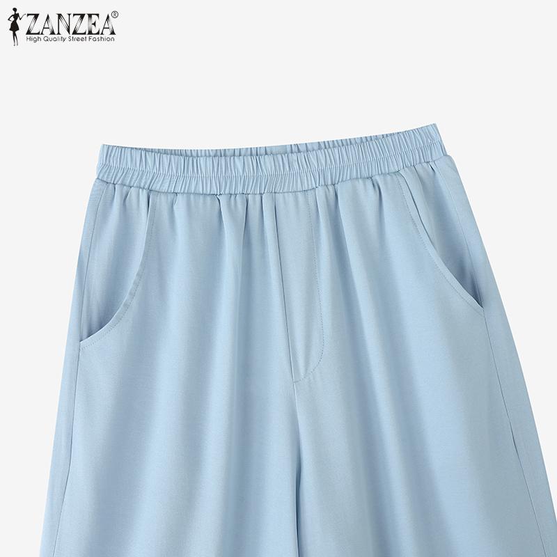 ZANZEA Женские повседневные укороченные брюки свободного кроя с эластичной талией и полосатой вставкой