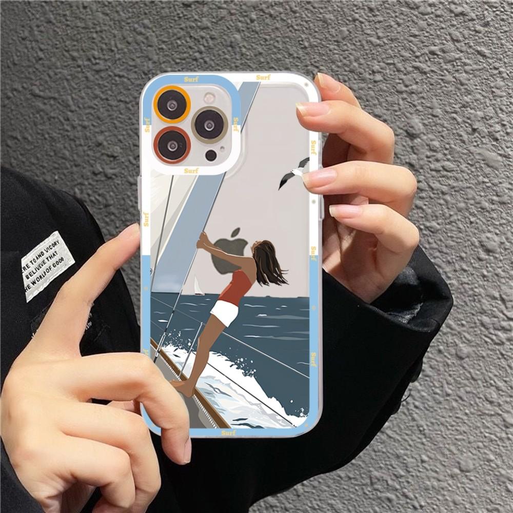Чехол для телефона 'Девушка на серфе на пляже' Для iPhone 15 11 12 13 14 Mini Pro Max XR X XS TPU Прозрачный чехол