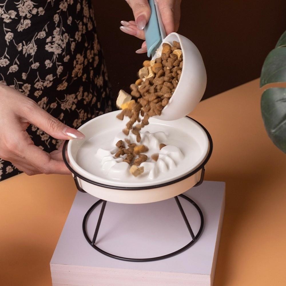 High-Foot Ceramic Raised Pet Bowl Neck Guard Flat Face Cat Stand Bowl Large Diameter Slow Feeder Bowl Outdoor Feeding