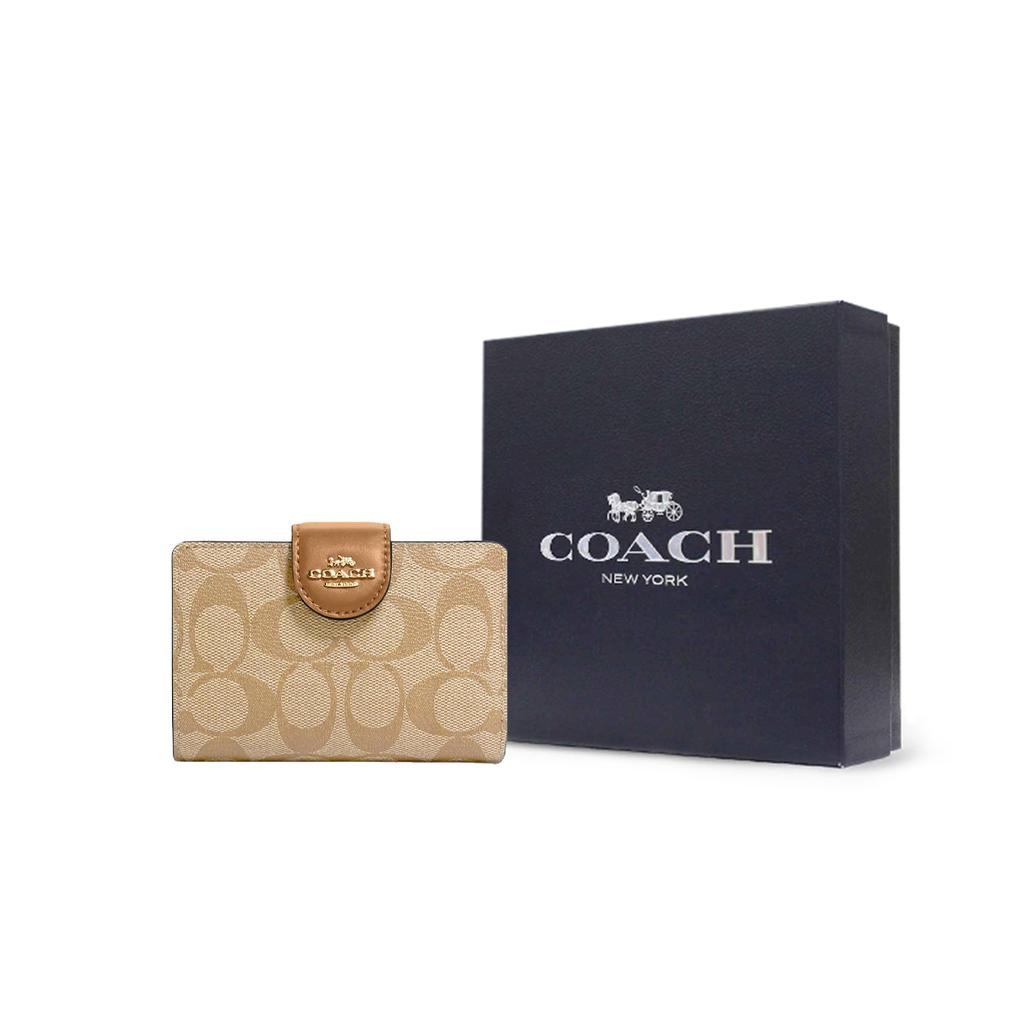 New COACH Corner Zip Coated Canvas With Leather Coin Purse Wallet Women's Khaki C0082-IMNLJ
