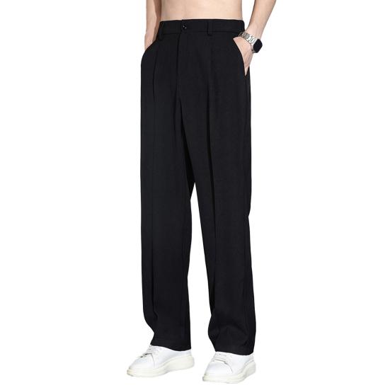 Men Ice Silk Casual Long Pants Elastic Waist Buttons Fly Pockets Straight Wide Leg Draped Thin Business Trousers