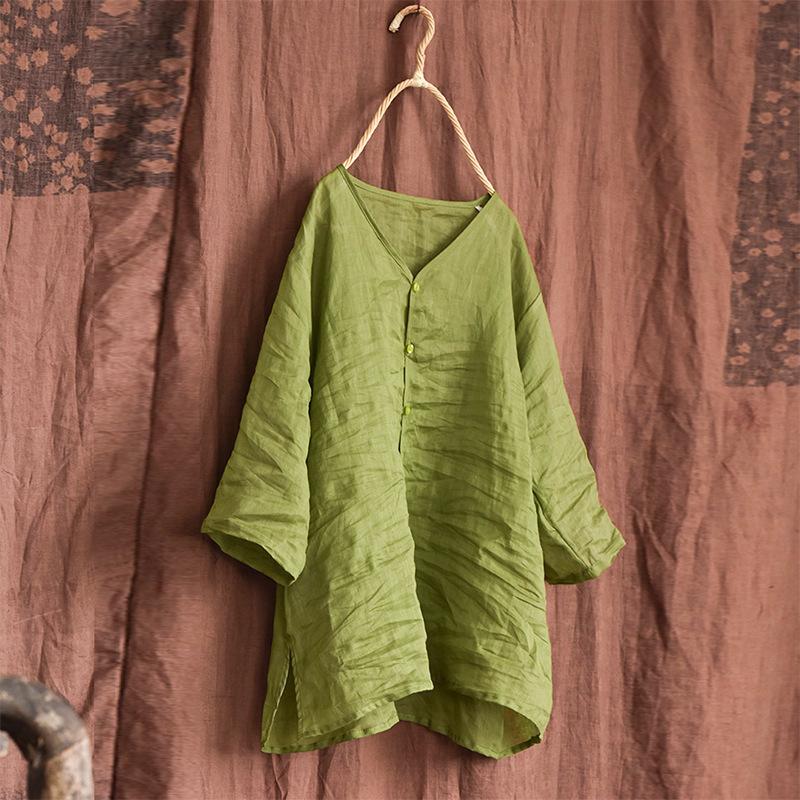 Johnature Женские винтажные рубашки в китайском стиле, топы, однотонные тонкие блузки, летние рубашки с семью рукавами и пуговицами