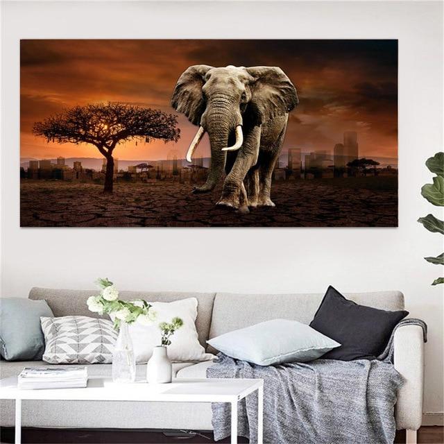 1 шт., прогулочный слон, закат, африканские луга, пейзаж, холст, живопись, постеры и принты, настенная художественная картина, домашний декор, без рамки