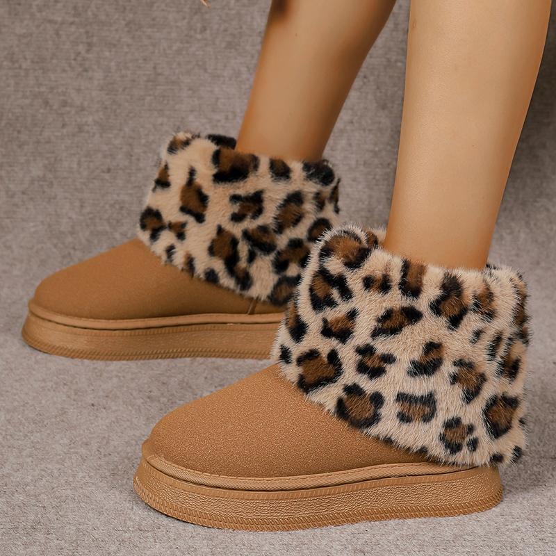 Зимние сапоги Lucyever из искусственного меха с леопардовым принтом, женские зимние плюшевые ботильоны с толстой подошвой, женская нескользящая зимняя обувь на платформе 42