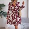 QICED Autumn and Winter Casual Flower Long-sleeved Black Ear-trimmed A-line Dress Women's Clothing