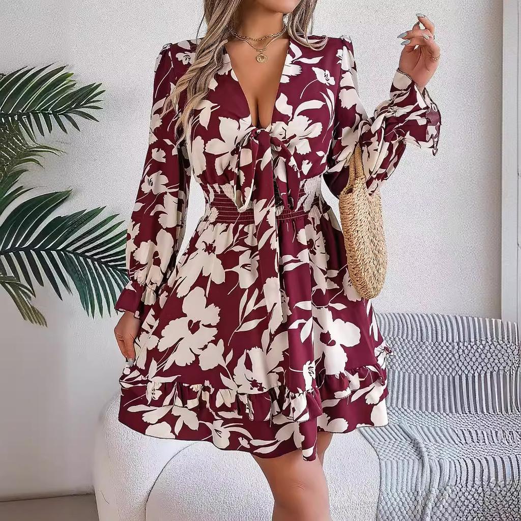 QICED Autumn and Winter Casual Flower Long-sleeved Black Ear-trimmed A-line Dress Women's Clothing