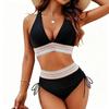 Women's swimsuit, neck hanging deep V high waisted bikini set, contrasting trim, drawstring side two-piece beach swimsuit