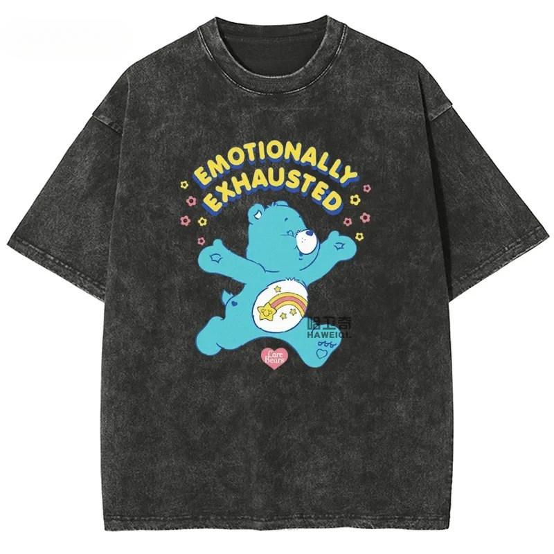 Fit American-style Halloween Happy Bear Wash Short-sleeved T-shirt New Anime Style Harajuku Loose Retro Pure Cotton Man