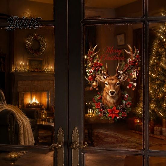 Christmas Window Clings Reindeer Static Glass Sticker, Removable with Merry Festive Store Stickers Text, Reusable PVC for Holiday Home And Decoration