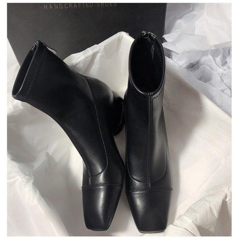 Fashion Square Toe Chunky Heel Back Zip Mid Heel Elegant Temperament Cut-out Special-shaped Heel Fashion Skinny Women's Boots