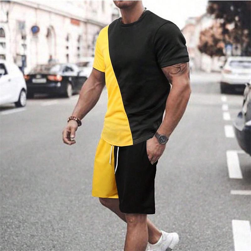 Летний быстросохнущий комплект с камуфляжным принтом и круглым воротником, классический мужской спортивный комплект из 2 предметов: короткий рукав и шорты для занятий фитнесом в спортзале