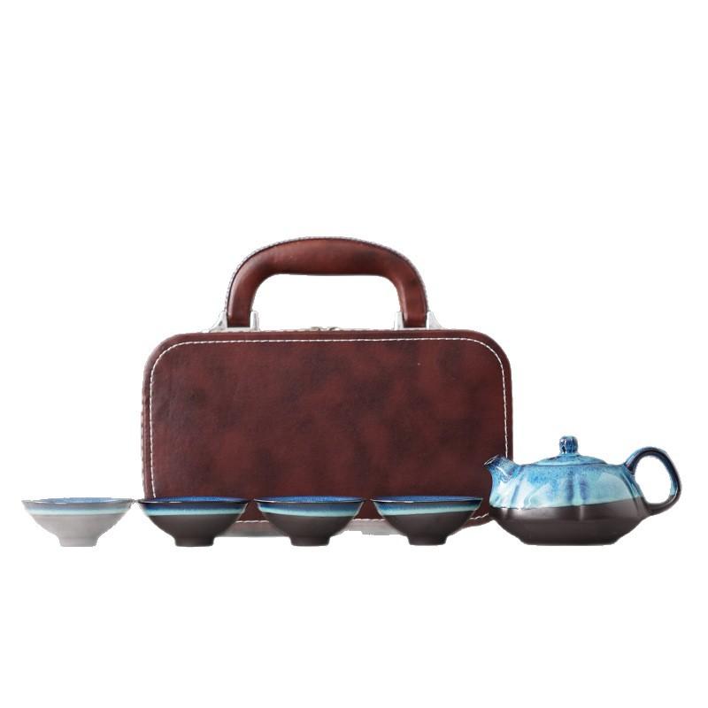Creative retro kiln-changed ceramic business gift set Outdoor portable leather bag Travel express cup Enterprise custom printing